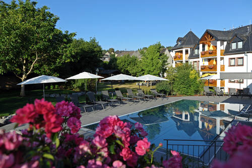 Michels Außenbereich mit Pool für einen idealen Wellnessurlaub in der Eifel