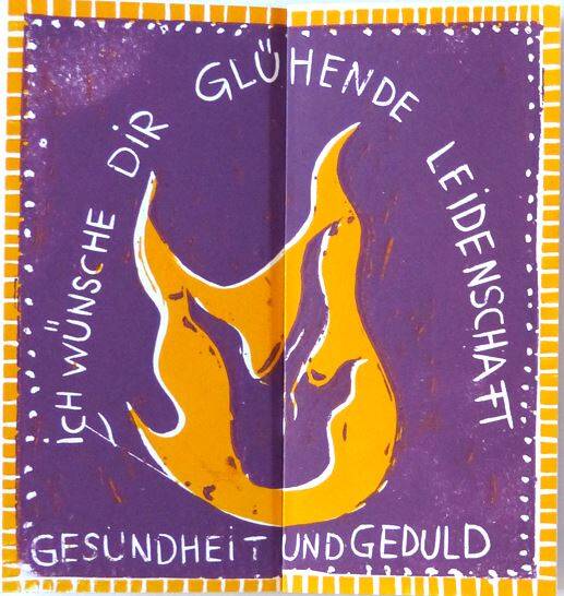 Ich wünsche Dir glühende Leidenschaft, Gesundheit und Geduld - Grußkarte Grußkarte "Flamme" gelb/lila